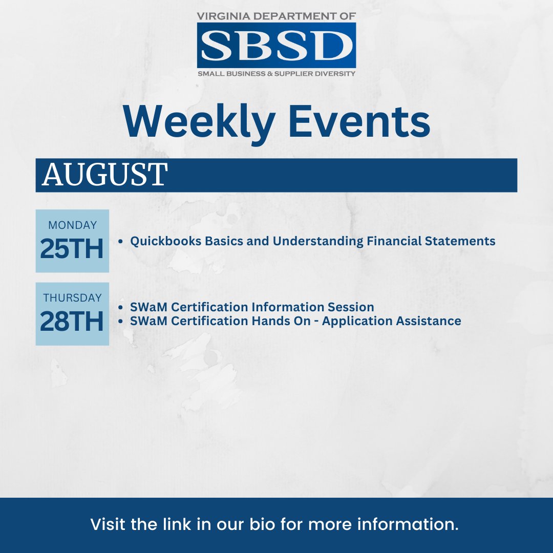 VA Dept. of Small Business and Supplier Diversity (@virginiasbsd) on Twitter photo Sign up to join us next week! eventbrite.com/o/sbsd-events-… Sign up to join us next week! eventbrite.com/o/sbsd-events-…