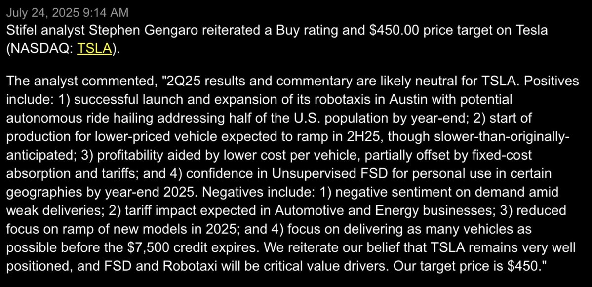 TeslaNY's tweet image. Stifel reiterated a Buy rating and $450 PT on Tesla! 📊 $TSLA