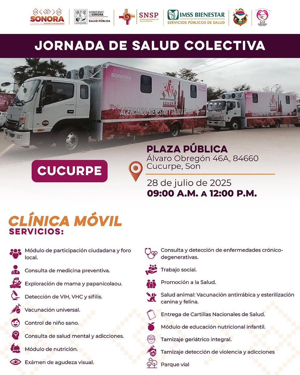 🚛🩺 ¡Atención, #Cucurpe!

Este 28 de julio llega la Jornada de Salud Colectiva 🩺

📍 Plaza pública
🕘 9:00 a.m. a 12:00 p.m.

Clínicas móviles y servicios gratuitos para ti y tu familia.

¡Te esperamos! 🫶

#SaludSonora #PrevenciónEsSalud