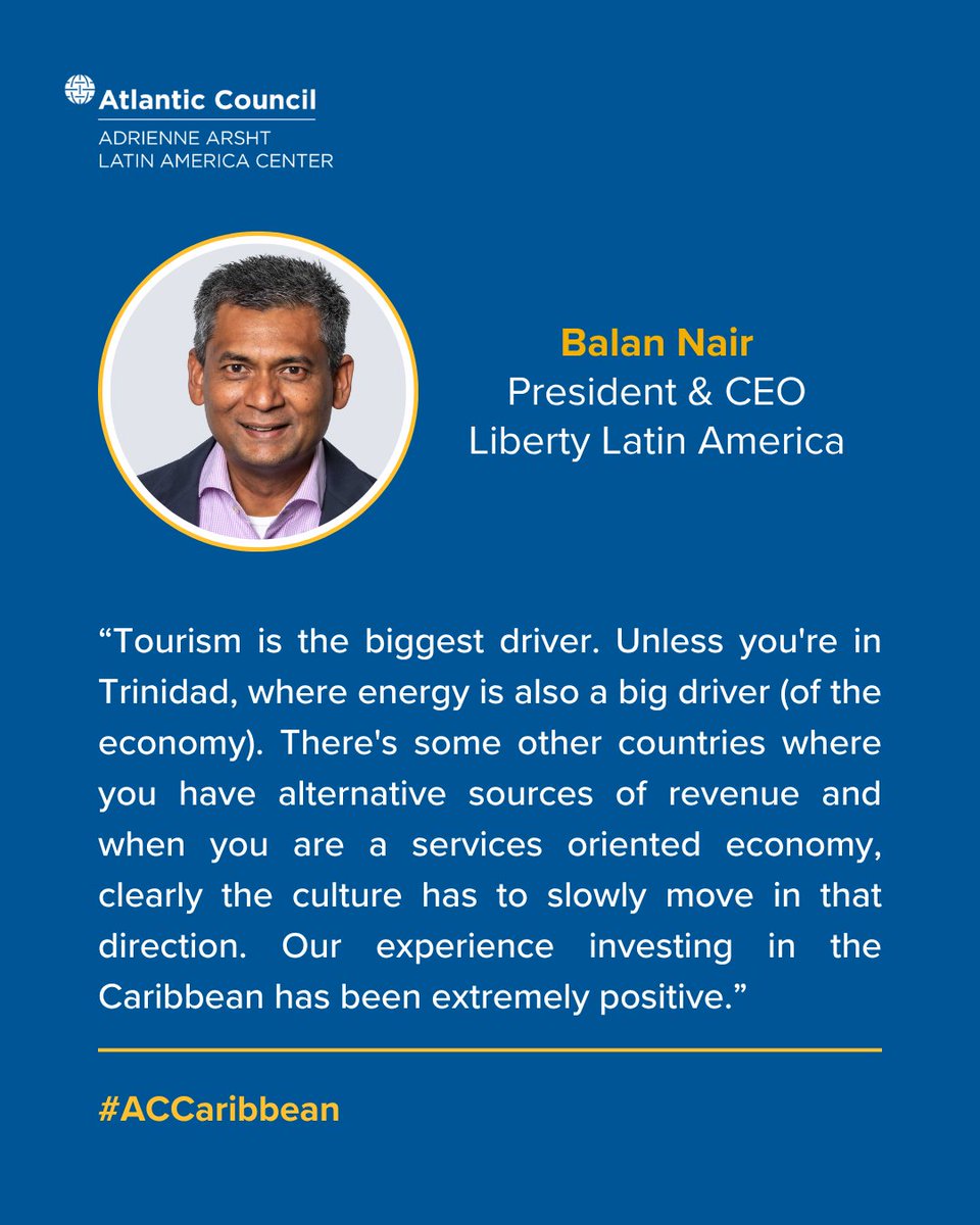 ACLatAm's tweet image. What is the importance of the Caribbean service sector for US and regional interests?
Rewatch our conversation with Balan Nair (@libertylatam), Juan Trescastro (@VirginVoyages), @monicalypt (WorldBank), @BrettPerlmutter (ex-@Google Cuba), and @WMowla (@AtlanticCouncil).
🔗Click…