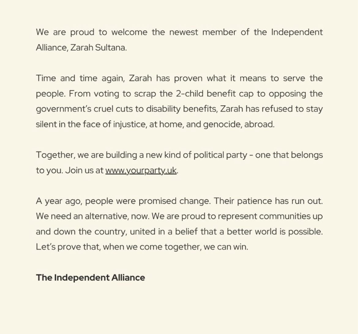 Proud to join the Independent Alliance, now a bigger group in Parliament than Reform.

From fighting the two-child benefit cap, cuts to winter fuel &amp; disability benefits, to opposing Labour’s genocide in Gaza, we will stand up against injustice.

Join us: yourparty.uk