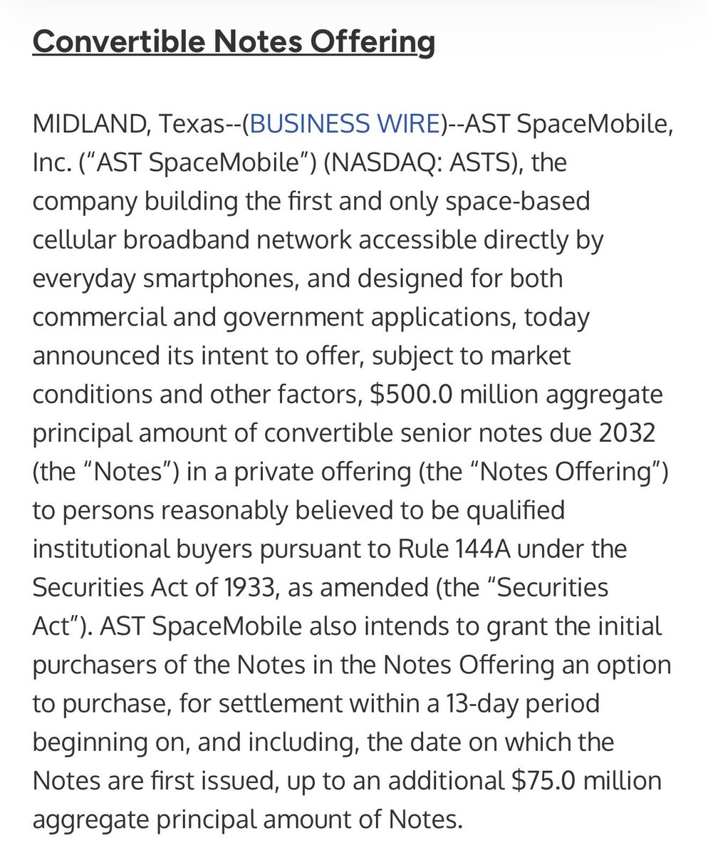 FilingTracker's tweet image. $ASTS AST SpaceMobile Announces Proposed Private Offering of $500.0 Million of Convertible Senior Notes Due 2032:
businesswire.com/news/home/2025…