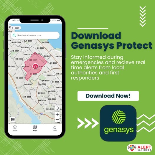 SanDiegoCounty's tweet image. Stay safe with trusted information. Genasys Protect is a free app that shows real-time evacuation alerts straight from emergency responders and law enforcement.
📲 Download it today so you’re ready if there’s an emergency. protect.genasys.com/download