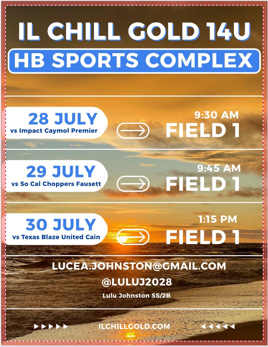 Lulu Johnston (@luluj2028) on Twitter photo Last tournament of the season <a href="/PGFnetwork/">PGF</a> nationals in Huntington Beach, California! Can’t wait to get on the field next week. <a href="/ILChillGold/">Chill Gold Softball</a> <a href="/MsDuehr/">Olivia Cocciemiglio</a> <a href="/MirandaElish/">Miranda</a> #getchilly Last tournament of the season <a href="/PGFnetwork/">PGF</a> nationals in Huntington Beach, California! Can’t wait to get on the field next week. <a href="/ILChillGold/">Chill Gold Softball</a> <a href="/MsDuehr/">Olivia Cocciemiglio</a> <a href="/MirandaElish/">Miranda</a> #getchilly