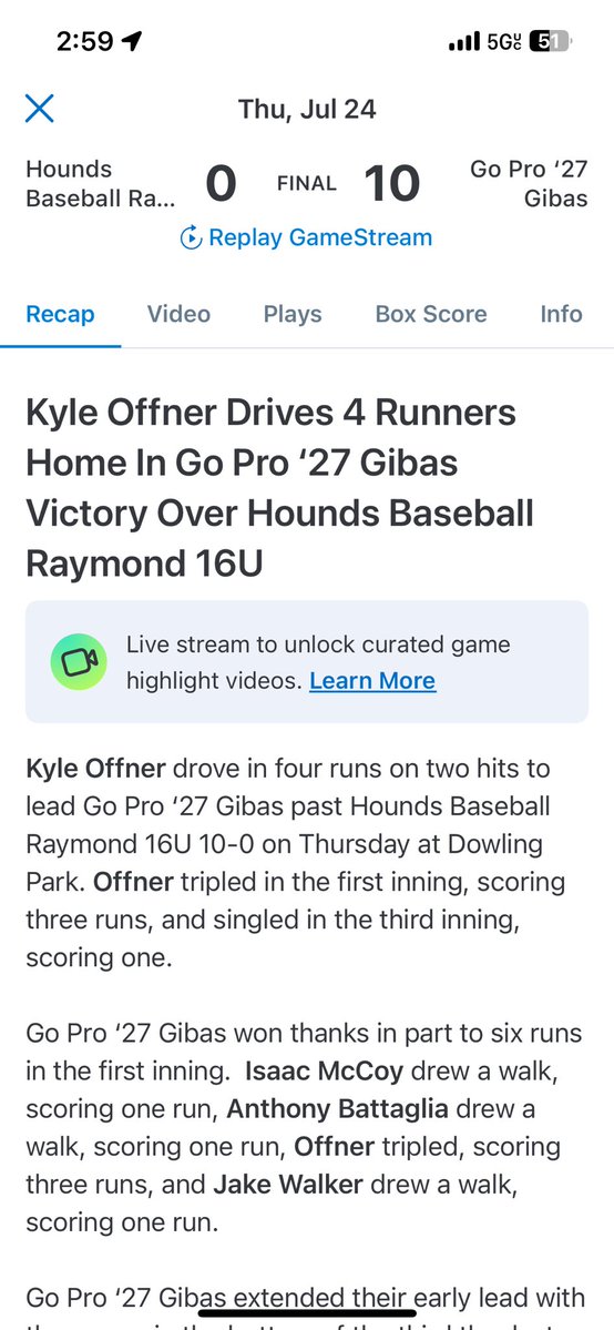 Kyle Offner (@kyle_offner) on Twitter photo Good day at the office with a 3 RBI Triple over the CF head + a two-strike RBI single
<a href="/GoProGibas2027/">Go Pro ‘27 Gibas</a> Good day at the office with a 3 RBI Triple over the CF head + a two-strike RBI single
<a href="/GoProGibas2027/">Go Pro ‘27 Gibas</a>