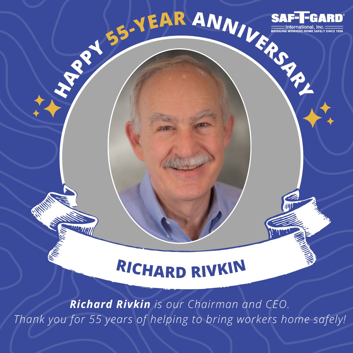 saftgard's tweet photo. Please join us in congratulating Richard Rivkin, Chairman &amp; CEO of Saf-T-Gard, in honor of his 55th anniversary!
Richard has carried on the family legacy by growing the business &amp; championing safety across industries. Thanks for your commitment to bringing workers home safely.👏 https://t.co/dCkzcoUGwj