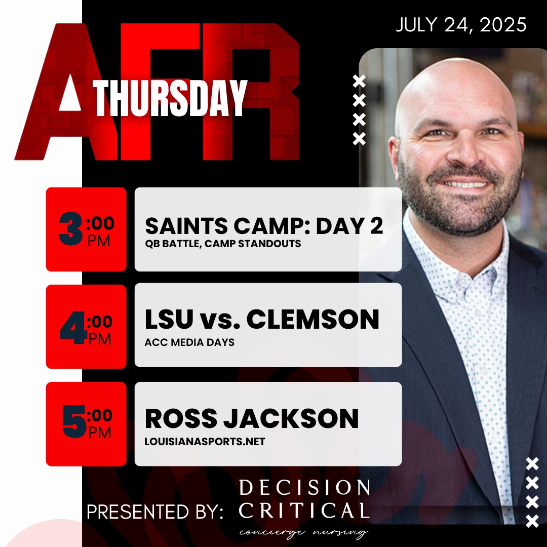 1045espn's tweet image. 🚨Thursday's AFR presented by Decision Critical🚨
⏰3-6pm CST
⚜️3:00-Saints Training Camp: Day 2
🏈4:00-Clemson at ACC Media Days
⚜️5:00-@RossJacksonNOLA
📺WATCH: youtube.com/watch?v=5aW-mp…
🎧LISTEN: 1045espn.com