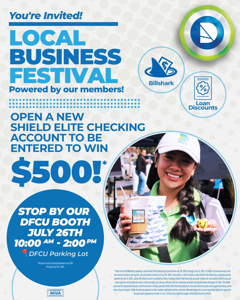 This Saturday at DFCU:
🛍️ 20+ member-owned vendors
💳 Open Shield Elite Checking → Enter to win $500*
💥 Enjoy up to $1,321/year in perks
📍 10 AM – 2 PM | DFCU Parking Lot
More info 👉 downeyfcu.org/elite
#DFCU #ShieldElite #SupportLocal #SmartMoney #WinBig