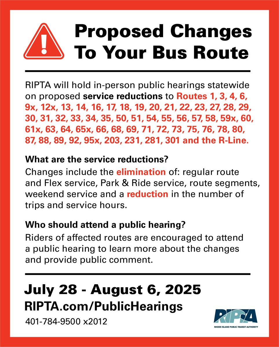 RIPTA_RI's tweet image. RIPTA will hold public hearings on proposed service reductions starting July 28 - Aug. 6. The reductions are part of cost controls to manage a $17.6M budget deficit. Riders should attend to learn more and provide public comment. For details, visit: bit.ly/4o6ZOy2