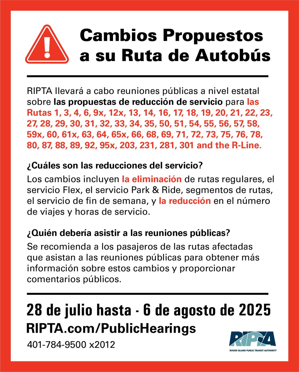 RIPTA_RI's tweet image. RIPTA will hold public hearings on proposed service reductions starting July 28 - Aug. 6. The reductions are part of cost controls to manage a $17.6M budget deficit. Riders should attend to learn more and provide public comment. For details, visit: bit.ly/4o6ZOy2