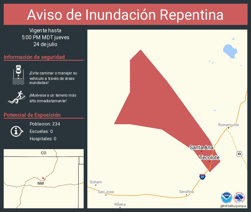 Aviso de Inundación Repentina incluye Tecolote NM, Santa Ana NM hasta las 5:00 PM MDT
