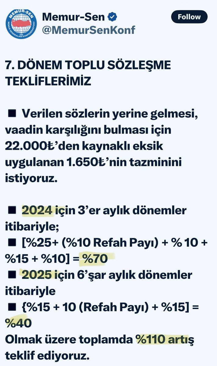 Salih Uzun (@salihuzundr) on Twitter photo Memur-Sen Bşk <a href="/_aliyalcin_/">Ali YALÇIN</a>
8. Dönem Sözleşme tekliflerini açıklamış.
% 88 + 46 ZAM İSTEMİŞ.
Aynı kişi 7. Dönemde de
%110 istemişti.
Peki ne aldı?
2024 %15+10
2025 %6+5
aldı ve oturdu.
Lafın gelişi değil,
basbayağı oturdu.
Eylem meylem yapmadı.
İSTEMEK DEĞİL SENDİKACILIK… Memur-Sen Bşk <a href="/_aliyalcin_/">Ali YALÇIN</a>
8. Dönem Sözleşme tekliflerini açıklamış.
% 88 + 46 ZAM İSTEMİŞ.
Aynı kişi 7. Dönemde de
%110 istemişti.
Peki ne aldı?
2024 %15+10
2025 %6+5
aldı ve oturdu.
Lafın gelişi değil,
basbayağı oturdu.
Eylem meylem yapmadı.
İSTEMEK DEĞİL SENDİKACILIK…