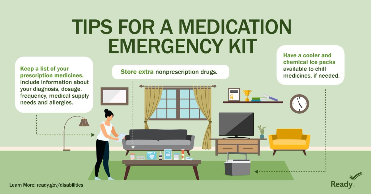 Readygov's tweet image. We are in the middle of the Atlantic hurricane season! In addition to basic survival supplies, your household emergency kit should include items to address your specific needs.
For example, if you take medication, talk to your doctor about how you can create an emergency supply.