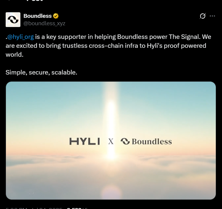 bbaabdulsalam24's tweet photo. In case you missed it:
@boundlesshq and @hyli_org are partnering to launch The Signal, a trustless cross-chain infrastructure layer built for Hyli’s proof-powered ecosystem.

By integrating Boundless’ zero-knowledge proof (ZKP) systems with Hyli’s verifiable compute environment, this collaboration enhances cross-chain security, scalability, and composability.

Together, they're setting a new standard for decentralized interoperability powered by proofs, not trust.