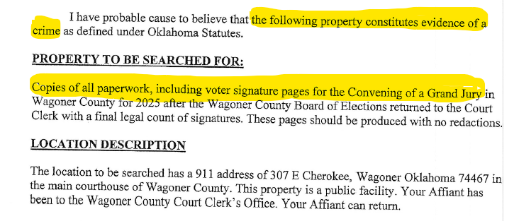 Erin_Christy's tweet image. It appears Wagoner County officials think citizens who tried to get a grand jury to investigate them, may have committed a crime.
Lt. Danny Elliott, who signed the affidavit for warrant, told me he didn't know about any investigation like this, and declined to comment.