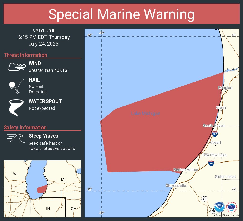 NWSGrandRapids's tweet image. Special Marine Warning including the Lake Michigan from South Haven to Holland MI 5NM offshore to Mid lake, Lake Michigan from St Joseph to South Haven MI 5NM offshore to Mid Lake, St Joseph to South Haven MI and South Haven to Holland MI until 6:15 PM EDT