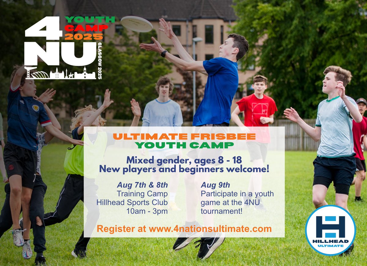 🥏 Ultimate Frisbee Youth Summer Camp 🥏

Aug 7th and 8th
Hillhead Sports Club

The youth camp is part of the 4 Nations Ultimate tournament taking place at <a href="/HillheadSports/">Hillhead Sports Club</a>  on Aug 9th. 
🏴󠁧󠁢󠁳󠁣󠁴󠁿 🏴󠁧󠁢󠁥󠁮󠁧󠁿 🇮🇪 🏴󠁧󠁢󠁷󠁬󠁳󠁿

Register for youth camp and get tickets for 4NU here:
4nationsultimate.com