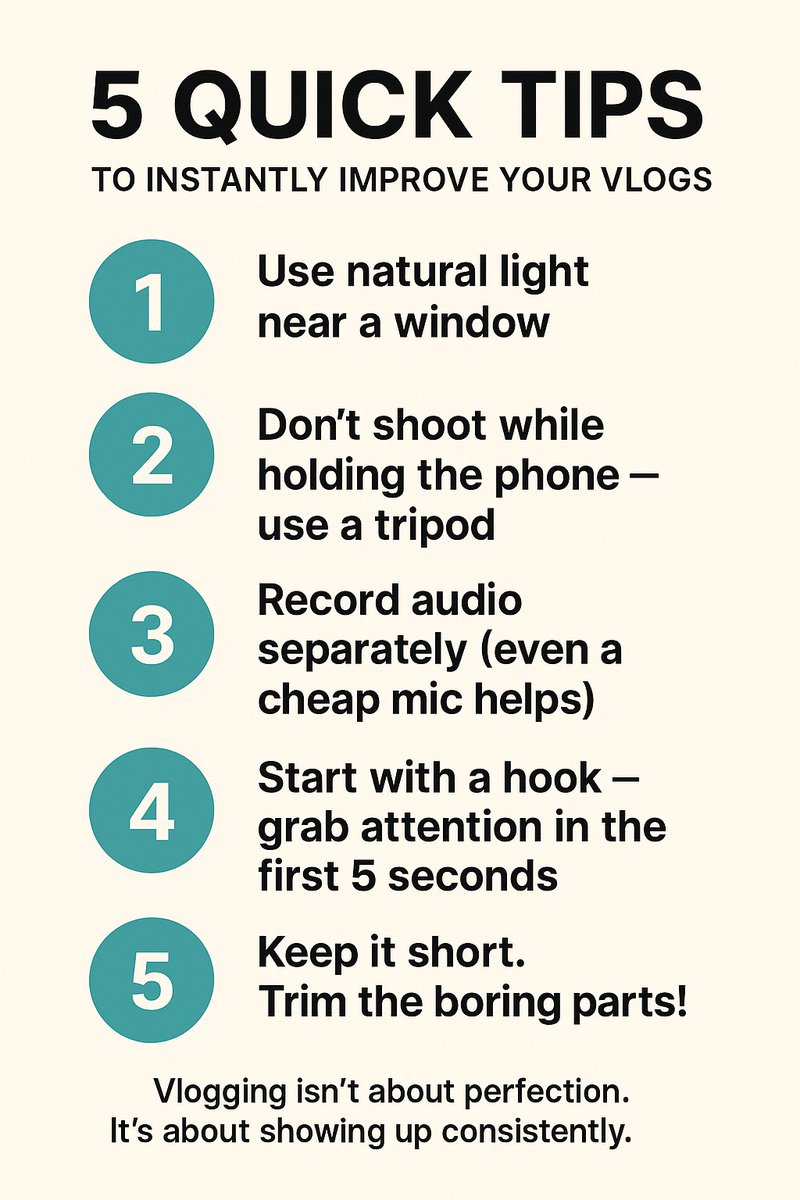 macroversal's tweet image. 5 Quick Vlogging Tips:

Film near a window

Use a tripod

Improve your audio

Hook them in 5 sec

Keep it short

Don’t overthink. Just start.
#vloggingtips #vloglife #easyvlogging