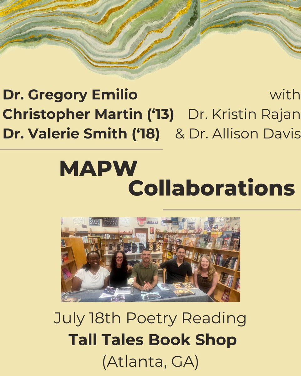 kenn_state_mapw's tweet image. 💫 MAPW is getting their collaboration on! 💫
MAPW faculty member Dr. Gregory Emilio and creative writing alumni Christopher Martin and Dr. Valerie Smith read their poetry at Tall Tales Book Shop last week. Congratulations! #getyourwriteon
#kennesawstate #mapw #writing