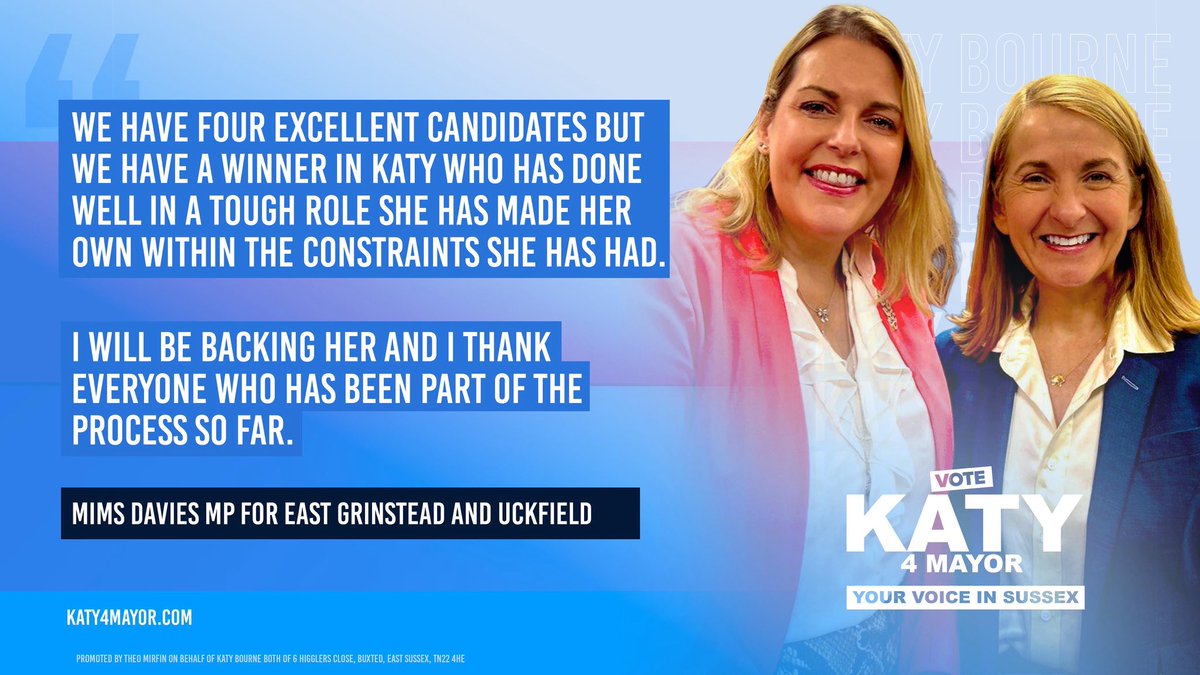 KatyBourne's tweet image. Grateful to have the backing of East Grinstead & Uckfield’s very own Mims Davies MP 🌟 Voting is now open for all Sussex Conservative Party members to select their candidate for Mayor #VoteKaty4Mayor