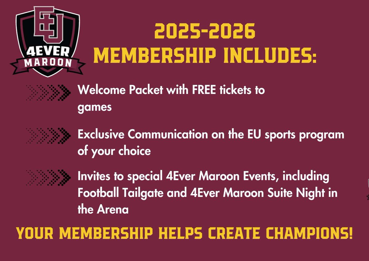 🏈🔥 Now accepting 4Ever Maroon memberships for the 2025–26 season! 🔥🏀 

Join TODAY and make a real impact on Evangel student-athletes—on the field, in the classroom, and in the community. 💯 

🎓🏆 Your membership = Champions made. 

👉 Choose your sport. Fuel their success.