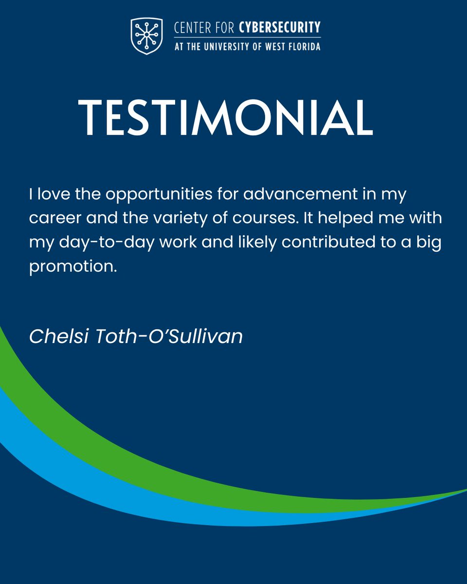 "I love the opportunities for advancement in my career and the variety of courses. It helped me with my day-to-day work and likely contributed to a big promotion."
— Chelsi Toth-O’Sullivan

<a href="/UWF/">UWF</a> , <a href="/CyberSecurityFL/">Cyber Florida</a>

#UWFCyber #cybertraining #government #Florida #FirstFlorida