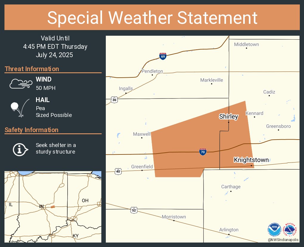 A special weather statement has been issued for Knightstown IN, Shirley IN and  Wilkinson IN until 4:45 PM EDT