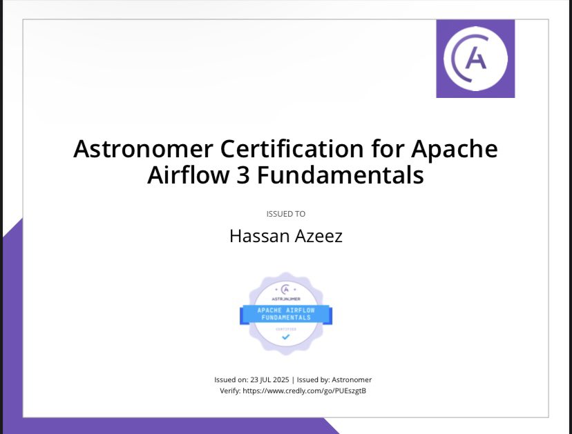 iamthedarksaint's tweet image. Just completed the Astronomer Certification for Apache Airflow 3 Fundamentals
Big thanks to @astronomerio for the opportunity!
Excited to deepen my workflow orchestration skills
#ApacheAirflow #Airflow3 #AstronomerCertification #DataEngineering