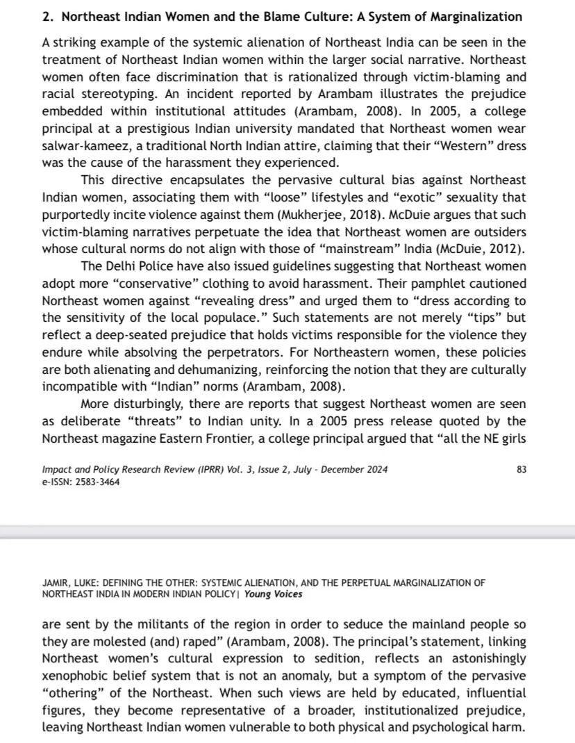 paganhindu's tweet image. An excerpt from a research paper on being a northeastern women in Delhi. It highlights the regular racism and harassment that women from northeast India face in Delhi.
