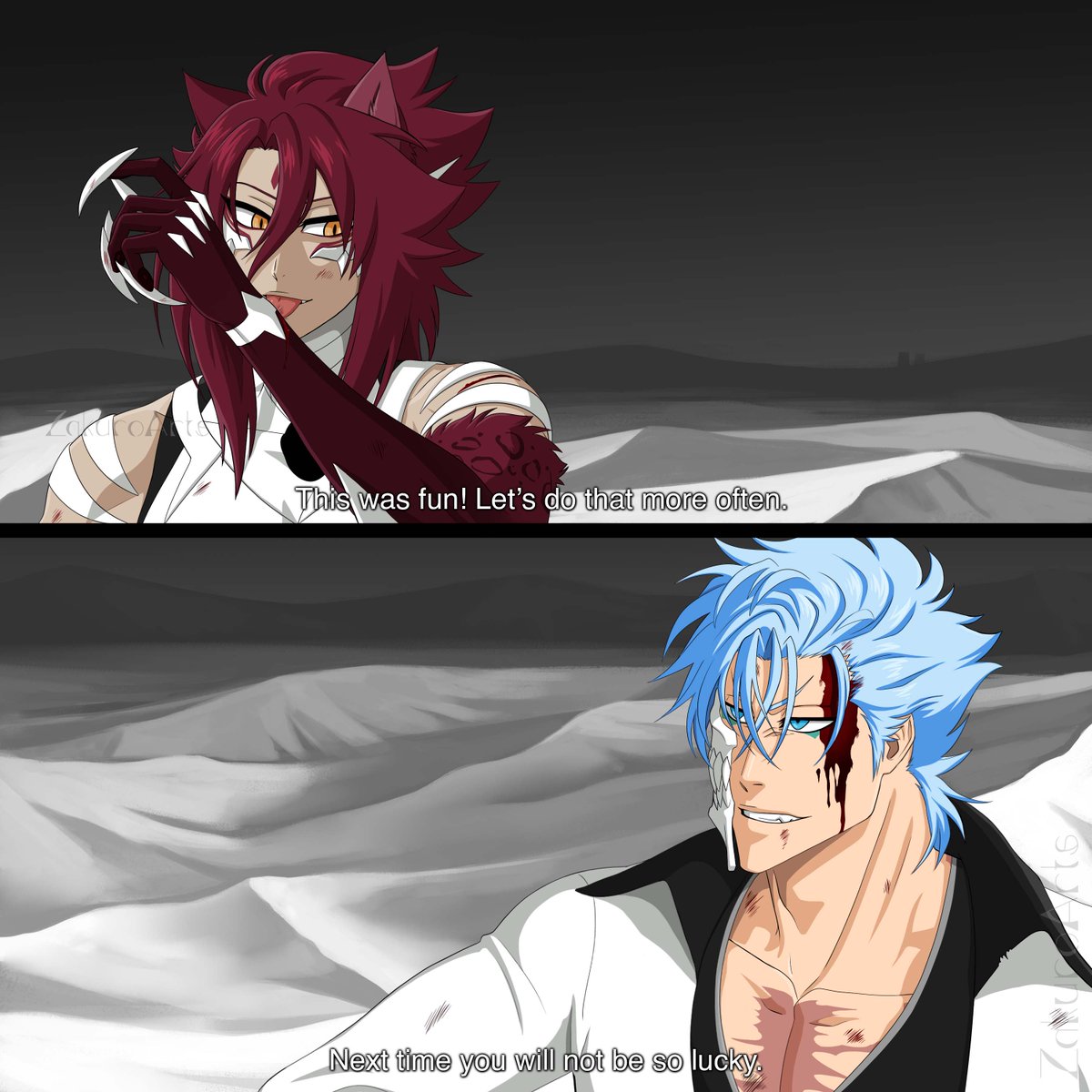 ZakuroArts's tweet image. [Old artwork]

Little interaction after their first spar fight 

#grimmjowjaegerjaquez #grimmjow #bleach #bleachoc