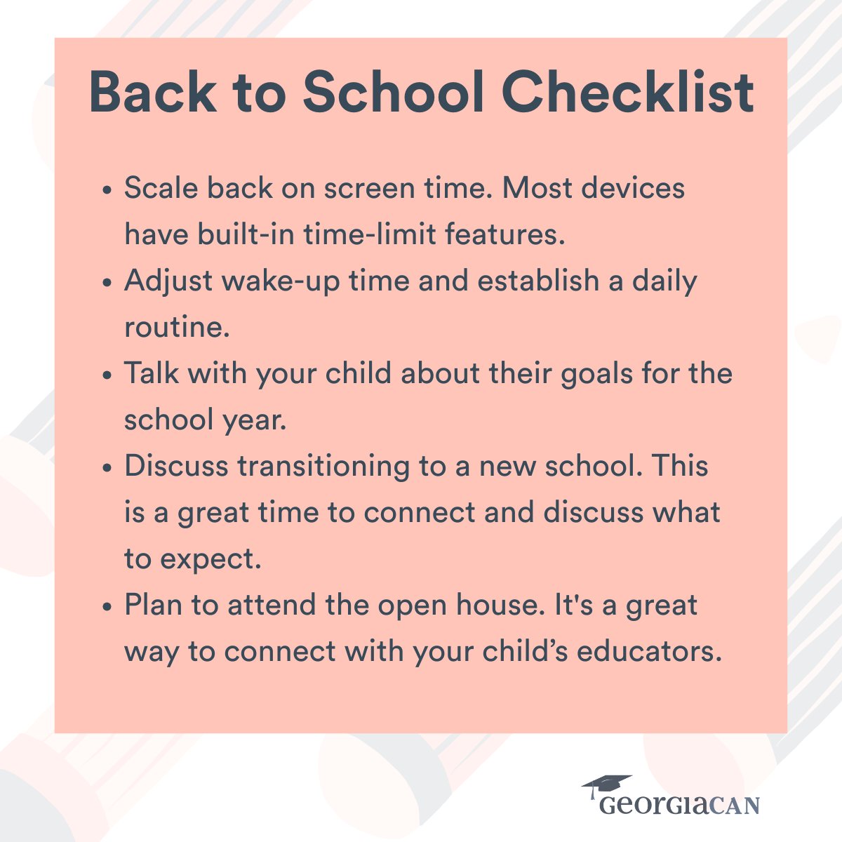 _GA_CAN's tweet image. We’re less than two weeks away from the first day of school for most students across Georgia! Here are a few more tips to help families get ready for a strong start to the school year.