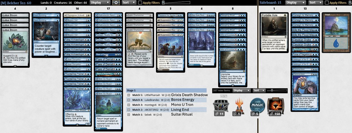 Adrian (532at) Perdyan (@532atmtgo) on Twitter photo Easy 10-0 league with Mono U Belcher! 🤓🤓🤓
Again, used <a href="/binder_grinder/">Austin Deceder, The Binder Grinder</a>’s recent list.
Tezzeret continues to overperform.
Never cast Cerulean Drake once… though my opponent did off Ragavan 😅
Might finally be time to cut those.
#hardtesting Easy 10-0 league with Mono U Belcher! 🤓🤓🤓
Again, used <a href="/binder_grinder/">Austin Deceder, The Binder Grinder</a>’s recent list.
Tezzeret continues to overperform.
Never cast Cerulean Drake once… though my opponent did off Ragavan 😅
Might finally be time to cut those.
#hardtesting