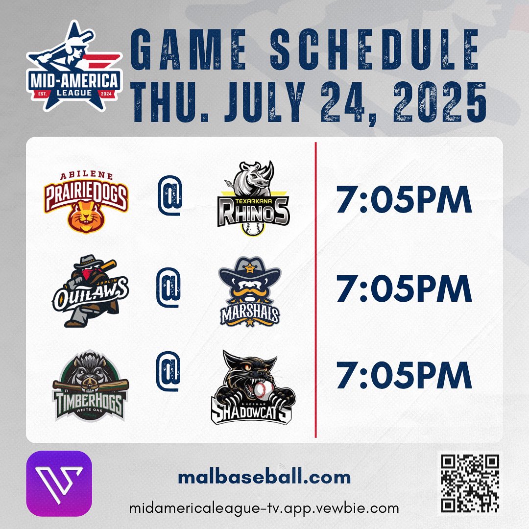MALBaseball2024's tweet image. GAME DAY SCHEDULE | JULY 24th‼️

1️⃣ 7:05PM | Abilene @ Texarkana 
2️⃣ 7:05PM | Joplin @ Fort Smith
3️⃣ 7:05PM | Piney Woods @ Sherman

📺 midamericaleague-tv.app.vewbie.com

Follow live stats and game updates here:
malbaseball.com/composite