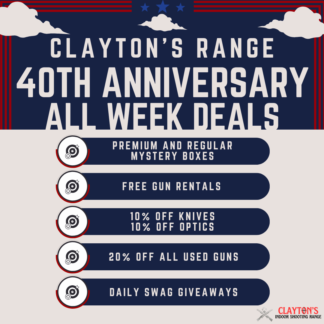 claytons_range's tweet photo. We're turning 40, and celebrating with deals all week long!
⁠• Premium &amp; regular mystery boxes
⁠• Free gun rentals
⁠• 10% off all knives and optics
⁠• 20% off all used guns
⁠• Daily swag giveaways
#claytonsrange #shoplocal https://t.co/DED12XI8ef