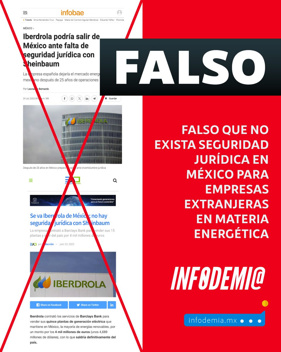 infodemiaMex's tweet image. ❌Falso que no exista seguridad jurídica en México para empresas extranjeras en materia energética
✅México tiene un marco legal sólido que incluye la Estrategia Nacional del Sector Eléctrico, presentada por la presidenta Claudia Sheinbaum en noviembre de 2024, la cual establece…
