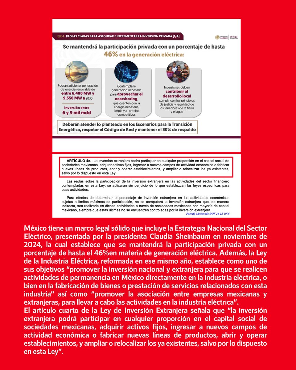infodemiaMex's tweet image. ❌Falso que no exista seguridad jurídica en México para empresas extranjeras en materia energética
✅México tiene un marco legal sólido que incluye la Estrategia Nacional del Sector Eléctrico, presentada por la presidenta Claudia Sheinbaum en noviembre de 2024, la cual establece…