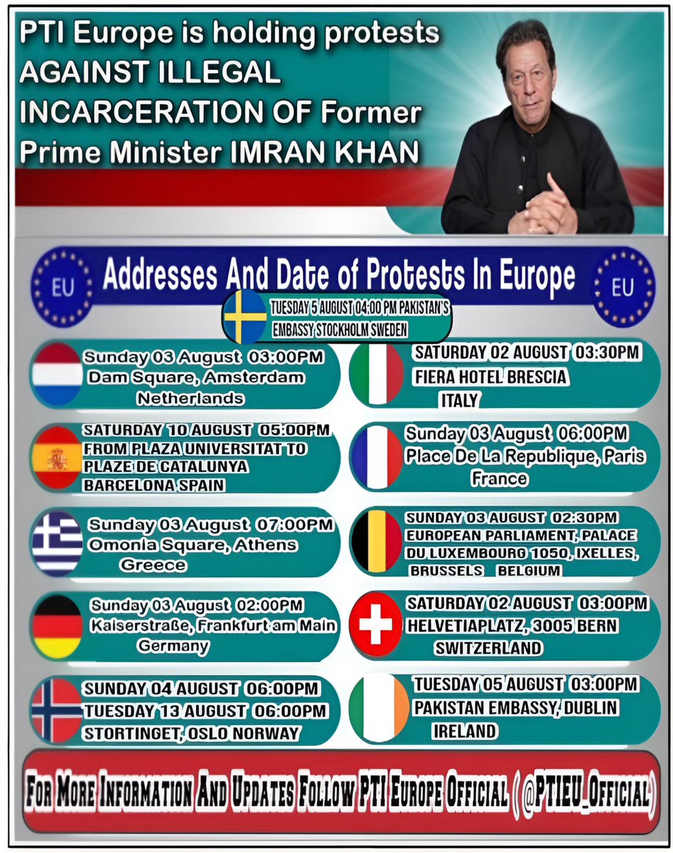 PTIEU_Official's tweet image. 📢 For More Information & Updates, Follow: @PTIEU_Official
🔻
Europe Rises — On the Call of Imran Khan!
In direct response to the call of former Prime Minister Imran Khan, Pakistanis across Europe are taking to the streets against:
⚠️ His illegal incarceration
⚠️ The inhumane…