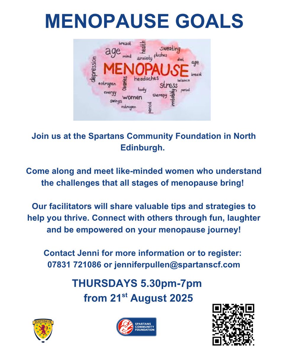 Spartans_CF's tweet image. Join us for the next block on Menopause Goals: Come along and meet like-minded women who understand the challenges that all stages of menopause bring! Contact Jenni for more info 07831 721086, jenniferpullen@spartanscf.com Online regisration: app.upshot.org.uk/survey/b1381be…
