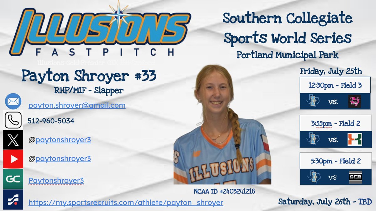 Payton Shroyer (@paytonshroyer3) on Twitter photo Ready for this weekend in Portland, TX. I will be attending the SCS World Series Camp and then competing with my team! Hope you can come check us out!
<a href="/IslandersSball/">Islanders Softball</a> <a href="/TylerJCsoftball/">TJC Apache Softball</a> <a href="/LamarSoftball/">Lamar Softball</a> <a href="/wtcsoftball/">WTC Softball</a> <a href="/TarletonSB/">Tarleton State Softball</a> <a href="/USTCeltsSB/">UST Softball</a> <a href="/ClarendonSB/">Clarendon College Softball</a> <a href="/GCWhitecapSB/">GC Whitecaps Softball</a> <a href="/KilgoreSoftball/">Kilgore College Softball</a> Ready for this weekend in Portland, TX. I will be attending the SCS World Series Camp and then competing with my team! Hope you can come check us out!
<a href="/IslandersSball/">Islanders Softball</a> <a href="/TylerJCsoftball/">TJC Apache Softball</a> <a href="/LamarSoftball/">Lamar Softball</a> <a href="/wtcsoftball/">WTC Softball</a> <a href="/TarletonSB/">Tarleton State Softball</a> <a href="/USTCeltsSB/">UST Softball</a> <a href="/ClarendonSB/">Clarendon College Softball</a> <a href="/GCWhitecapSB/">GC Whitecaps Softball</a> <a href="/KilgoreSoftball/">Kilgore College Softball</a>