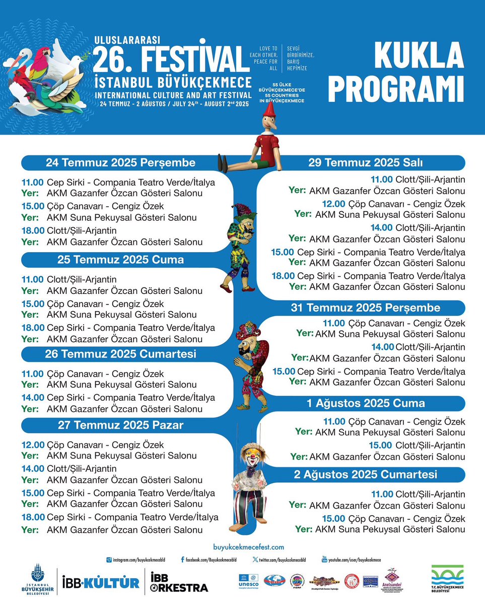 ULUSLARARASI KUKLA SANATÇILARI BÜYÜKÇEKMECE’DE!

26. Uluslararası İstanbul Büyükçekmece Kültür ve Sanat Festivali’nin en renkli duraklarından biri olan Uluslararası Kukla Gösterileri, kukla sanatının en özel örneklerini sanatseverlerle buluşturuyor.

Farklı ülkelerden gelen usta