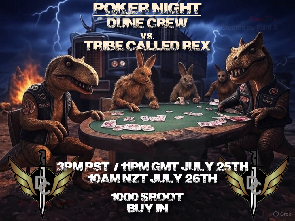 Dune Crew (@dunecrewcoin) on Twitter photo 1 day to go <a href="/TribeCalledRex/">Tribe Called Rex</a>!
The pot so far:
14K $Root + 35mil $DCC + 10 $30MM + a Rex mint + 200K Rex Coins + a Critter + an Aifa Super Heroineπ€―
3pm PST / 11pm GMT Friday 25th July
10am NZT Saturday 26th July
Open to all!
For info & registration -
discord.gg/jPBhAkGNrz 1 day to go <a href="/TribeCalledRex/">Tribe Called Rex</a>!
The pot so far:
14K $Root + 35mil $DCC + 10 $30MM + a Rex mint + 200K Rex Coins + a Critter + an Aifa Super Heroineπ€―
3pm PST / 11pm GMT Friday 25th July
10am NZT Saturday 26th July
Open to all!
For info & registration -
discord.gg/jPBhAkGNrz
