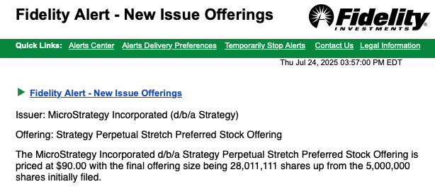 Abentley77's tweet image. Strategy just upsized STRC to 28 million shares and will be priced at $90 per share! That means they are selling $2.5 billion worth of of STRC!

LFG!!!