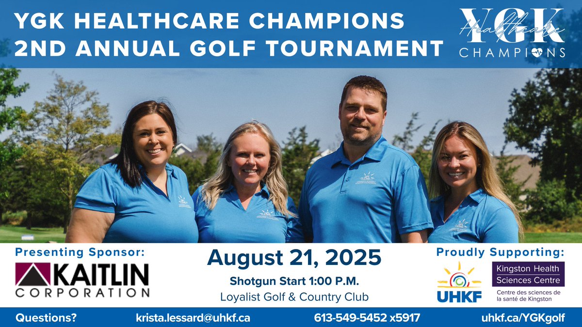 University Hospitals Kingston Foundation (@uhkf) on Twitter photo ⛳️ Join us Aug. 21 at <a href="/LoyalistGolfCC/">Loyalist Golf & CC</a> for the YGK Healthcare Champions Golf Tournament! Help raise $50K for PTSD care for veterans, military & first responders. #ygk #fundraiser
🏌️♂️ Register: bit.ly/4k0Zdw9
💙 Sponsor: bit.ly/4dvRSlr ⛳️ Join us Aug. 21 at <a href="/LoyalistGolfCC/">Loyalist Golf & CC</a> for the YGK Healthcare Champions Golf Tournament! Help raise $50K for PTSD care for veterans, military & first responders. #ygk #fundraiser
🏌️♂️ Register: bit.ly/4k0Zdw9
💙 Sponsor: bit.ly/4dvRSlr