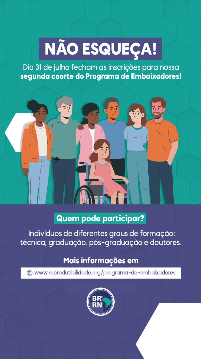 RedeBrRepro's tweet image. 📢Últimos dias para se tornar Embaixador(a) da Rede Brasileira de Reprodutibilidade!   
🗓️ As inscrições encerram no dia 31 de julho, então corre: falta apenas 1 semana para se inscrever ou avisar aquele amigo que tem tudo a ver com o movimento
🔗reprodutibilidade.org/programa-de-em…

#Brasil