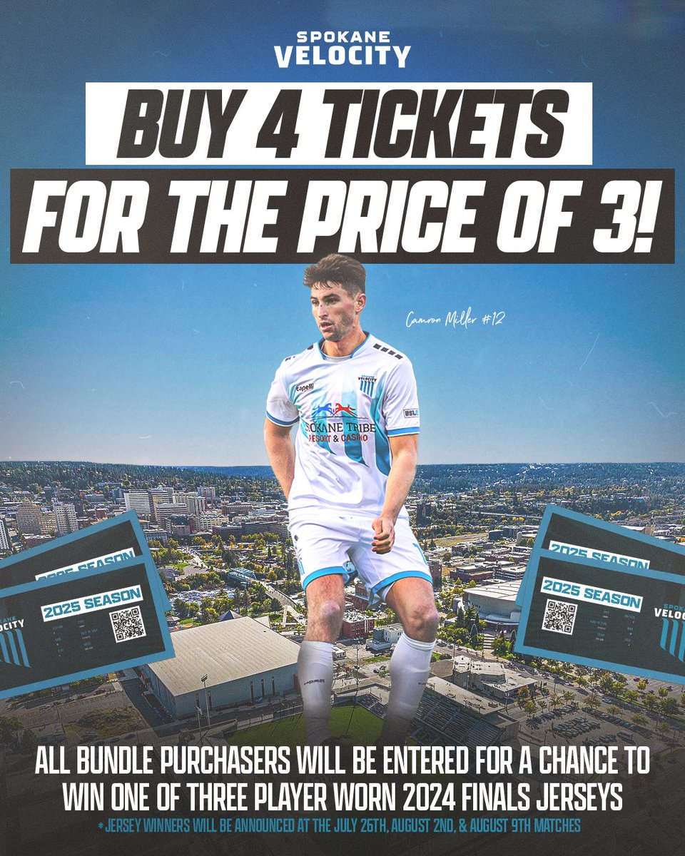 SpokaneVelocity's tweet image. Don's miss our Velocity FC 𝙏𝙄𝘾𝙆𝙀𝙏 𝘽𝙐𝙉𝘿𝙇𝙀 offer! 🚨
Score 4 tickets for the price of 3! Valid for any of our next 3 summer matches for ANY SEATS in the stadium 🏟️
Snag your 🎟️ NOW at the link in our bio!
#SpokaneVelocityFC #LeagueOne #LetsGoSpo #WelcomeToTheEdge
