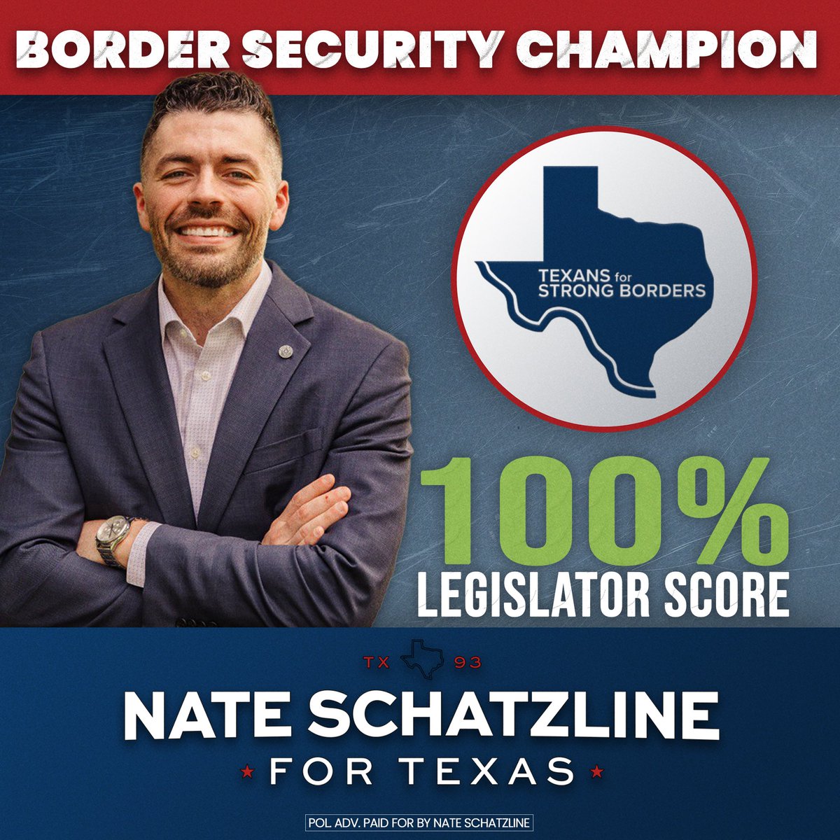 Nate Schatzline (@nateschatzline) on Twitter photo I’m proud to have earned a 100% legislator score from <a href="/StrongBordersTX/">Texans for Strong Borders</a>
“Schatzline authored a bill requiring sheriffs to enter into 287(g) agreements with ICE, but his strongest performance was on the Texas House floor, where he was a constant force offering amendments to I’m proud to have earned a 100% legislator score from <a href="/StrongBordersTX/">Texans for Strong Borders</a>
“Schatzline authored a bill requiring sheriffs to enter into 287(g) agreements with ICE, but his strongest performance was on the Texas House floor, where he was a constant force offering amendments to
