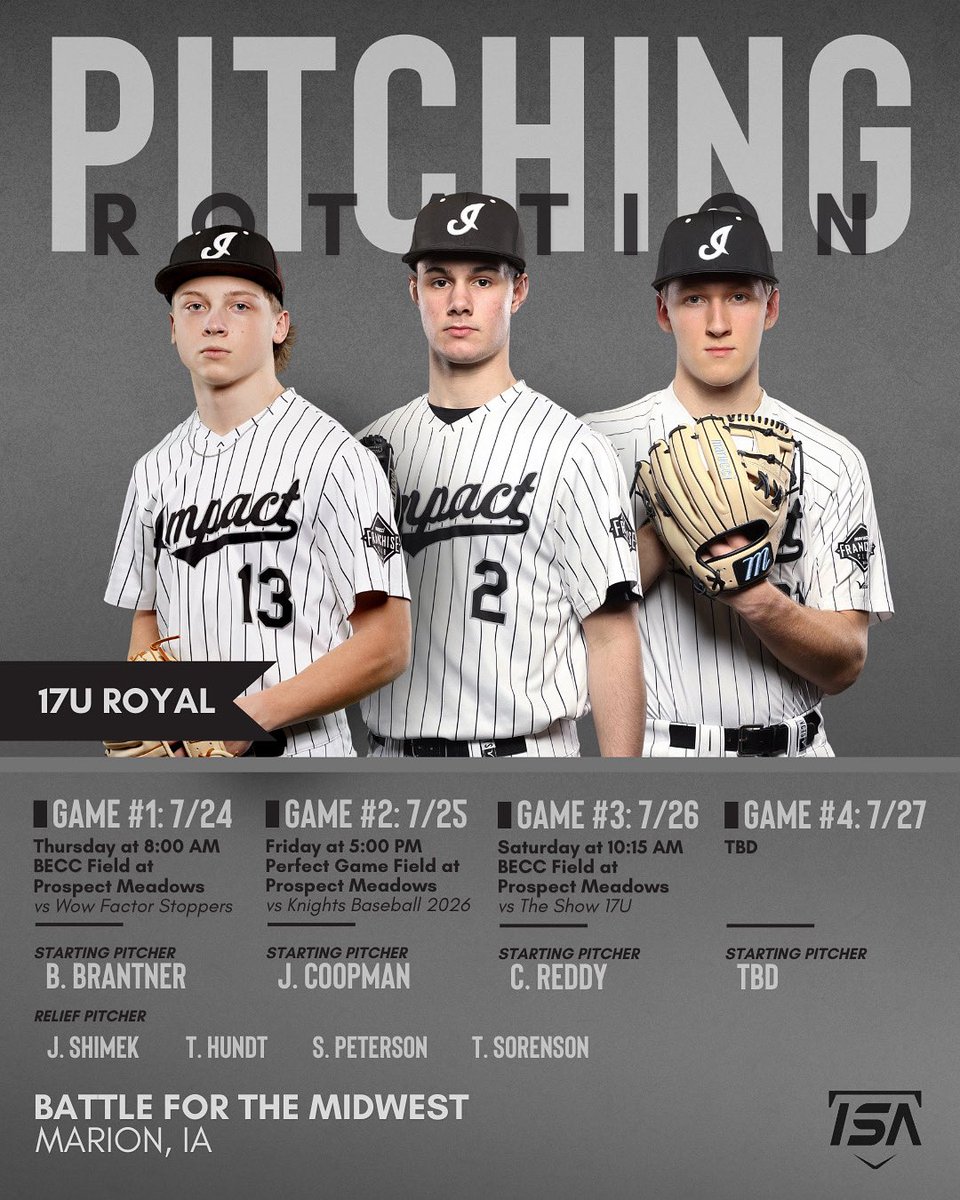 ImpactSportsGB's tweet photo. 🚨17U ROYAL PITCHING ROTATION🚨

Battle for the Midwest @pg_tourney 

Player Profiles: https://t.co/Ab7M3kbsfZ

#isaproud #makeanimpact #tournamentseason #pitchingrotation https://t.co/4hls70g83x