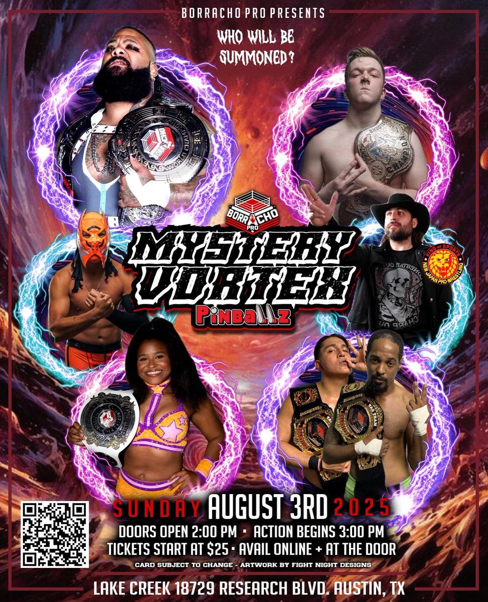 BorrachoProATX's tweet image. Only 5 front row remain for Borracho Pro: Mystery Vortex at Pinballz on 8/3. 9 total matches with countless surprises and all 4 Championships are on the line on the same show for the first time! Don’t miss out on this one: ticketleap.events/tickets/borrac…