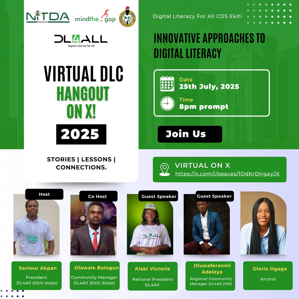 Dl4allcdsekiti's tweet photo. Join us on X for our DLC Hangout on the *25th of July, 2025, at 8 PM prompt!* Let's connect, share, and grow together in our digital journey. This live session is all about building digital skills and strengthening our impact, one conversation at a time. ❗❗ https://t.co/TIEEiLJWn1