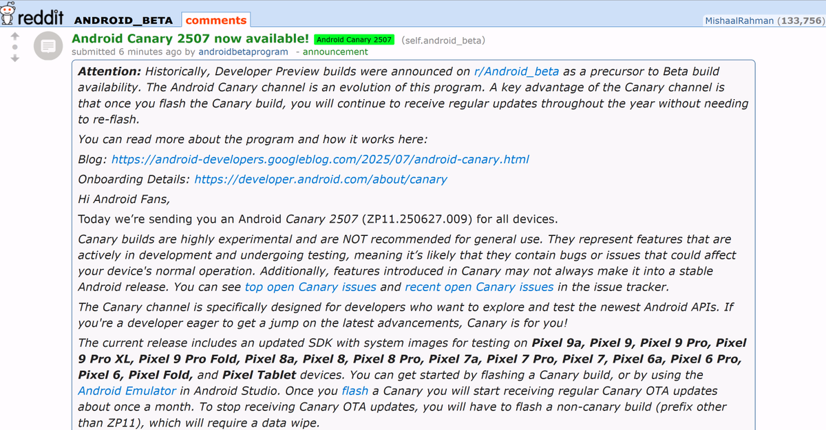 MishaalRahman's tweet image. The July 2025 Android Canary build is now available!
The build ID is ZP11.250627.009. Will of course be digging into it and posting a ton of coverage on @AndroidAuth, so keep an eye out!